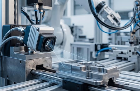Industrial machine vision camera scanning product on assembly line.
