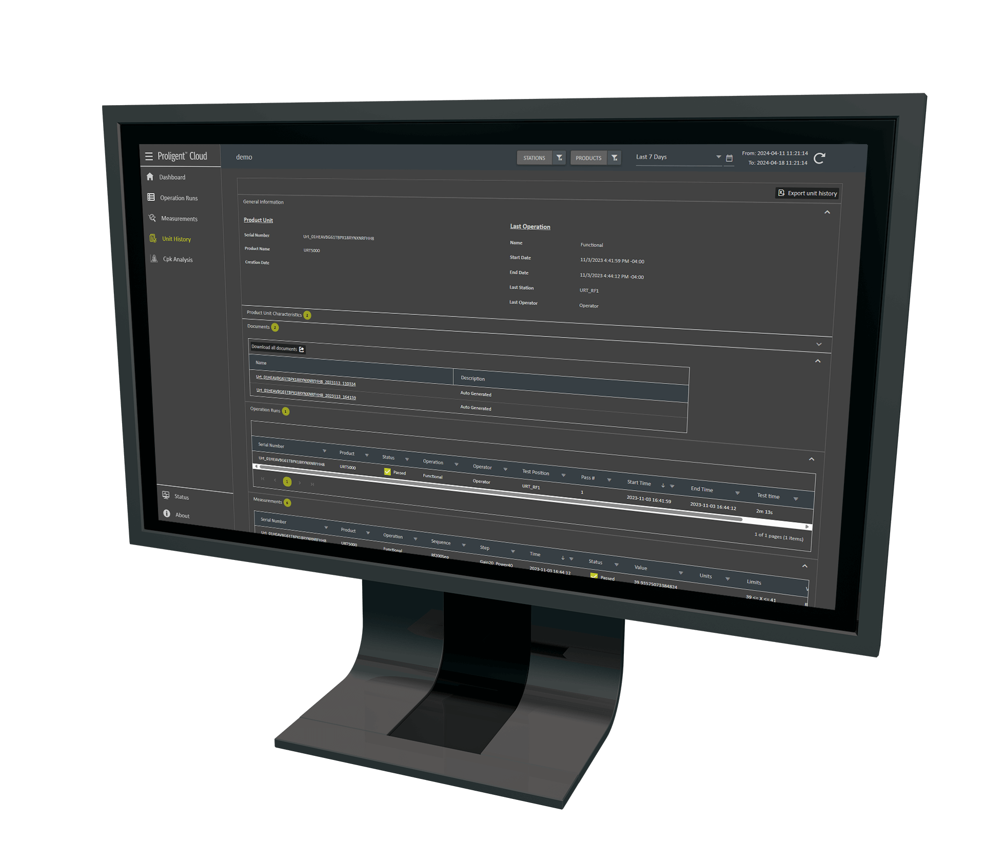 Proligent Cloud - Unit History Screen