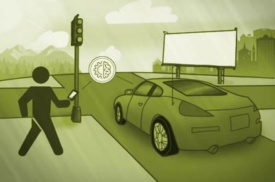 illustration of a person using their phone while about to cross the road where there is an autonomous driving vehicle